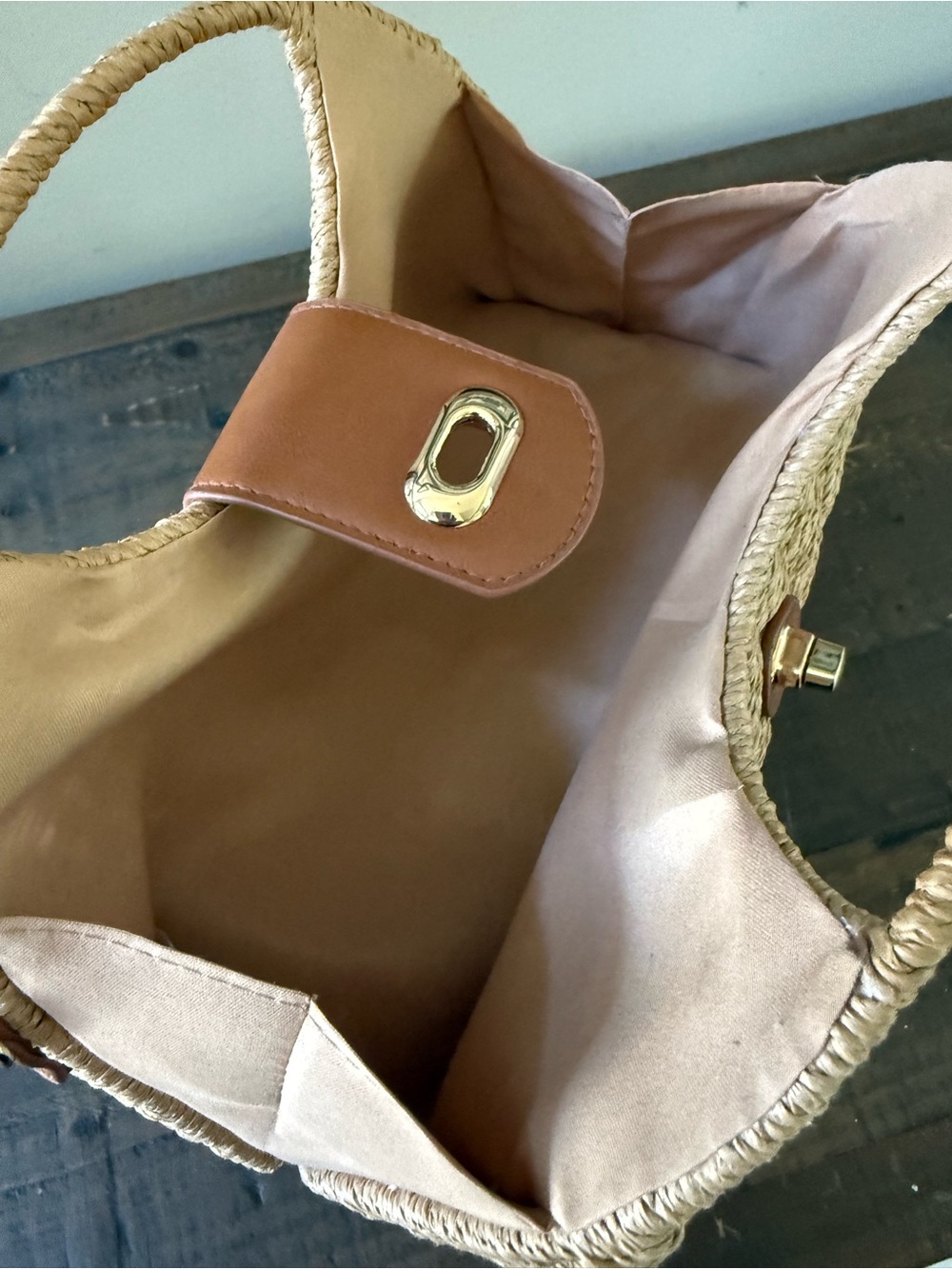Woven Mini Straw Handbag with Tan Leather Flap - Picture 4 of 5